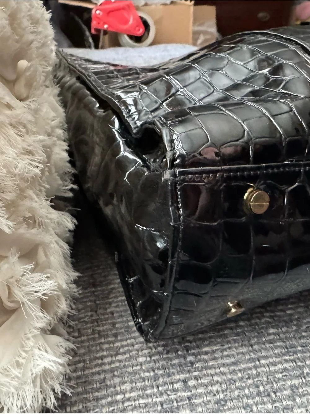 Tory Burch Black Croc-Embossed Patent Leather Tote Shoulder Bag Gold Hardware